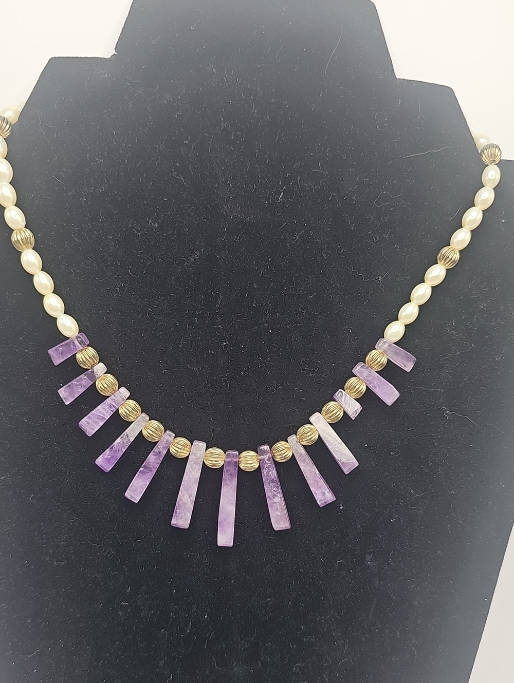 Purple Artisan Amethyst Spikegen Stones Pearl Necklace. As Is